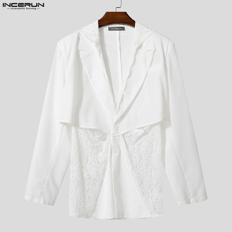INCERUN Herren Tiefer V-Ausschnitt Langarm Spitze Patchwork Kapuzen Party Blazer Mäntel