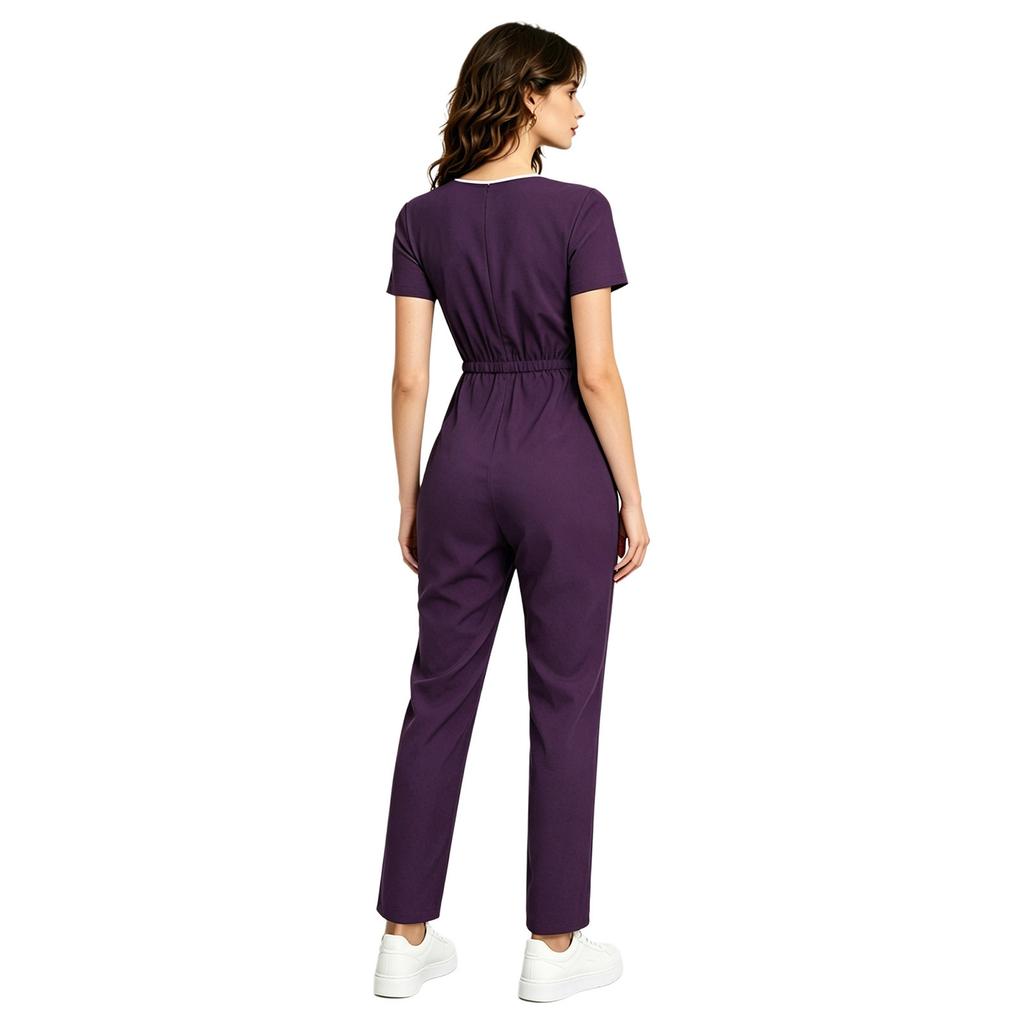 Damen Medizinischer Einteiler Jumpsuit Kurzarm Kordelzug Taille Elastischer Rücken Reißverschluss Taschen Arbeitskleidung