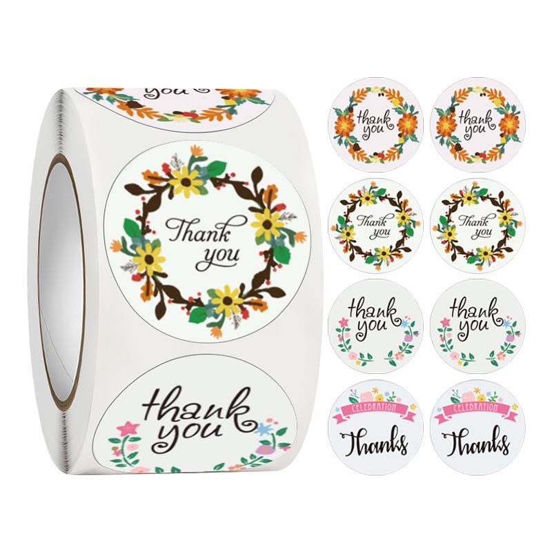 500-Roll 3.8cm Floral Thank You Stickers: Round Adhesive Labels for Gift Wrapping & Sealing