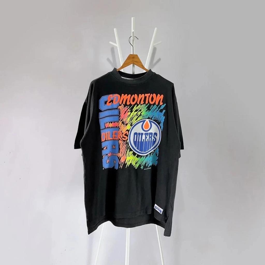 90s Edmonton Oilers Vintage 100% Cotton T-shirt Mens Tees Top Black Gift Fans Hockey Reprint