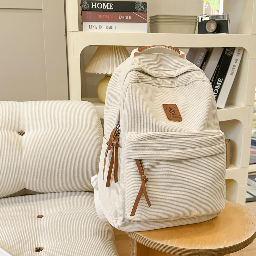 Schoolbag Corduroy Backpack Female Simple Large Capacity Junior High School Student School Bag American High School Retro Backpack Computer Bag