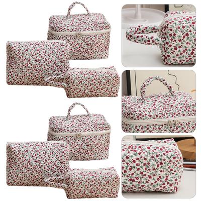 3Pcs Floral Cosmetic Bag Cotton Quilted Makeup Organizer Storage Bag Large Capacity Cosmetic Organizer Case for Women and Girls