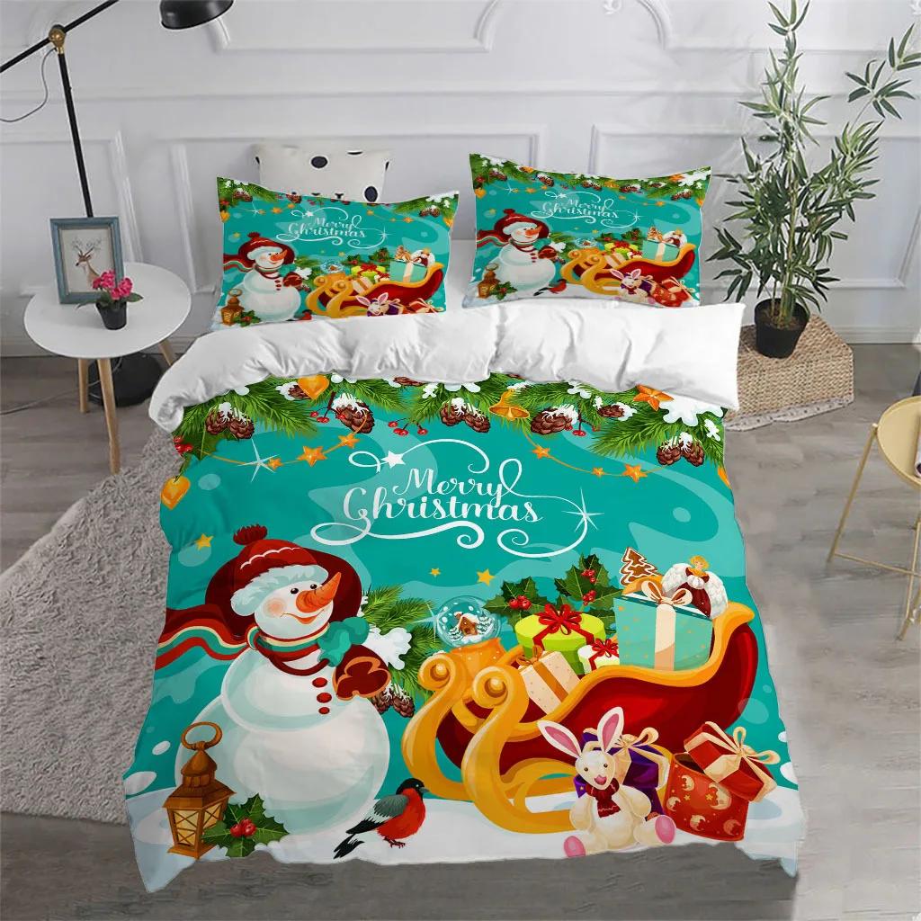 Merry Christmas King Queen Duvet Cover Red Cartoon Santa Bedding Set Kids Boys Girls Christmas Tree 2/3pcs Polyester Quilt Cover