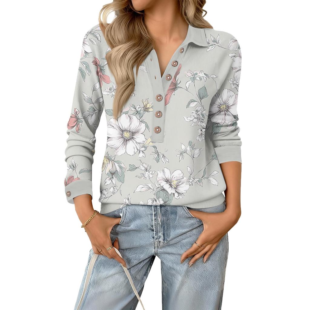 Women's Retro Street Lazy V,neck Long Sleeve Button Floral Print Pullover Top