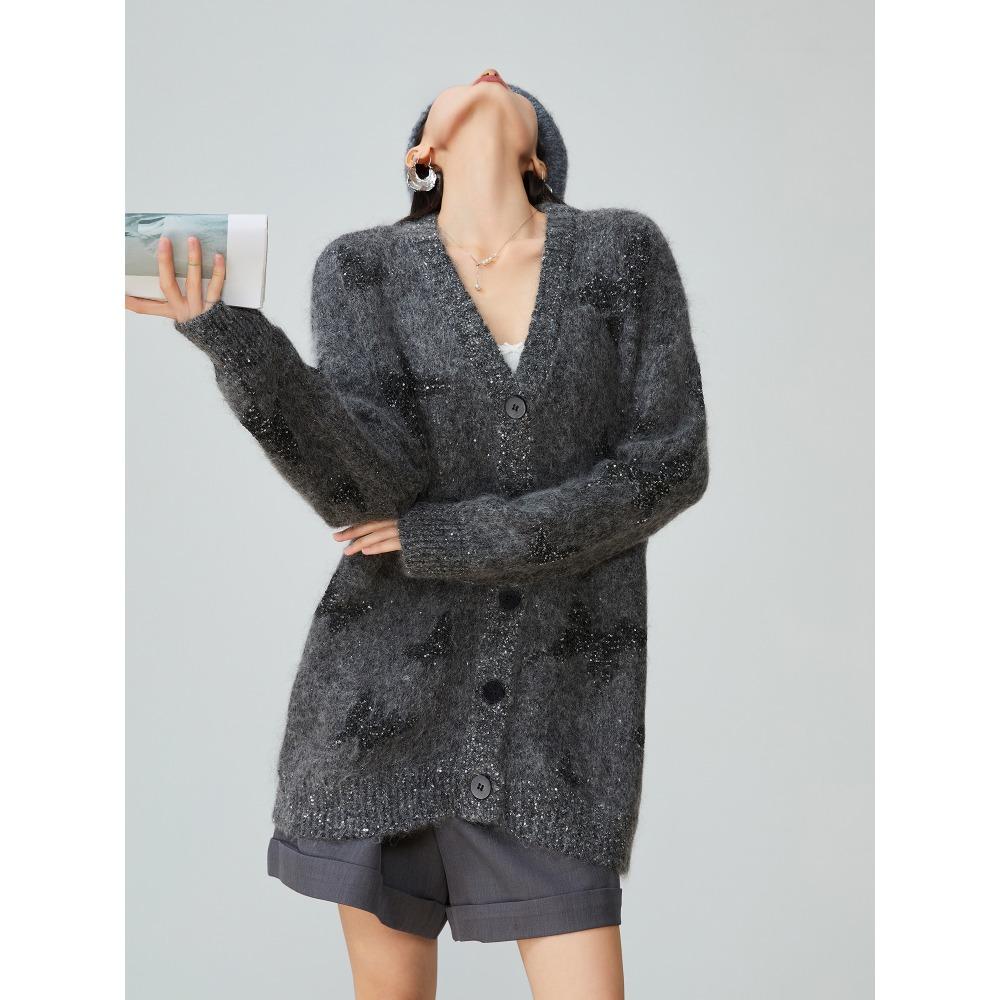 

Dimanaf Свитера Кардиган Женский Узор Звезды Принт Пуговицы Свитера Вязание Свободный Свитер Осень 2025 One Size серый