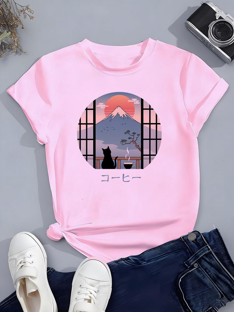 Japanese Style Flower with Cat Design T Shirts Manga Kids Childrens Tshirt Boys Girls Summer Spring Casual Top Tee