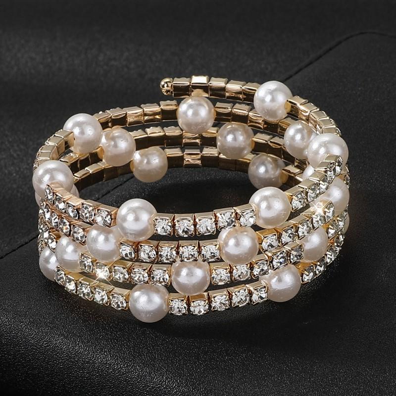 Open pearl rhinestone bracelet, multi-layer ethnic style bracelet bride elastic diamond bracelet women