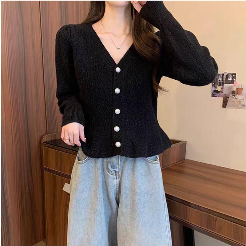 Spring Mermaid Hem Knitted Cardigan Top Women's New Korean Fashion Long Sleeved Pearl Buckle V-neck Sweater Jacket Women