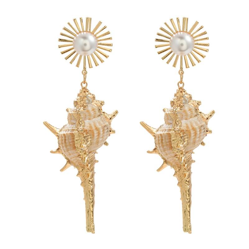 Shell Earrings Women Alloy Pearl Inlaid Sunflower Bohemian Geometric Statement Earring Conch Shell