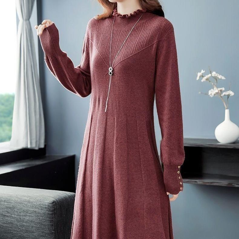 Vestido de Punto Midi Vestido Suéter de Color Sólido para Mujer Vestido Suéter de Punto hasta la Rodilla para Otoño e Invierno para Mujer Jersey