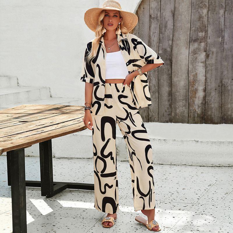 

Повседневный комплект с принтом, с короткими рукавами и брюками, Домашний комплект с принтом, с короткими рукавами и брюками Apricot color XL