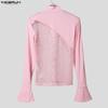 INCERUN Men Mockneck Long Sleeve Webbing Patchwork Fitted Casual Undershirts T-shirts