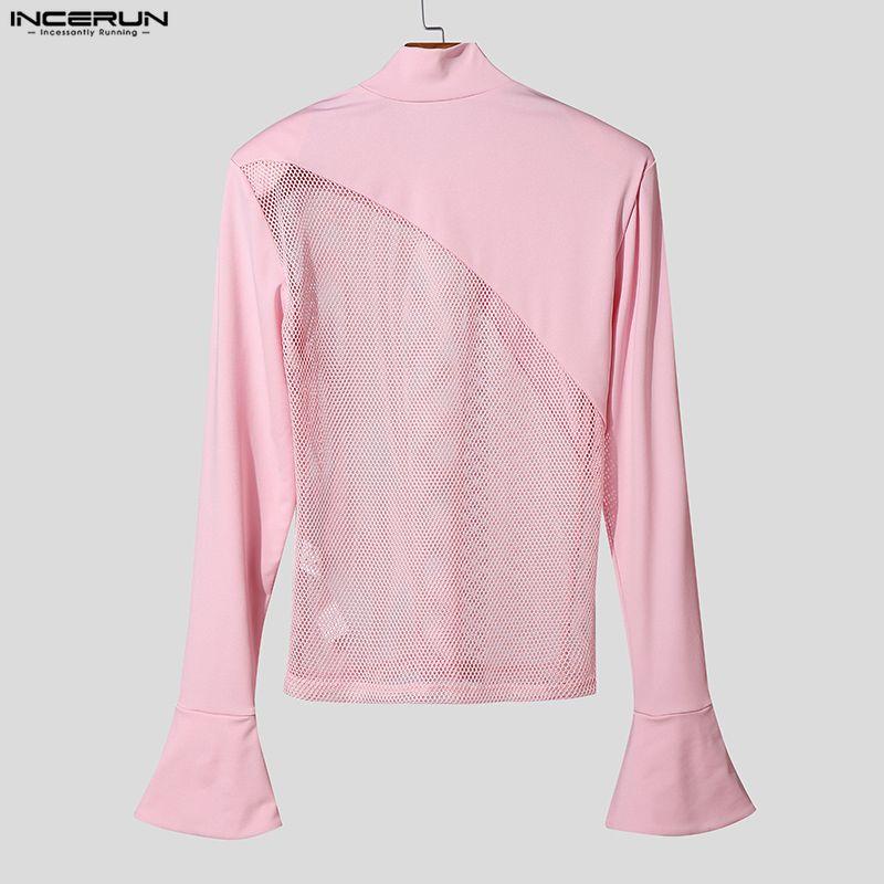 INCERUN Men Mockneck Long Sleeve Webbing Patchwork Fitted Casual Undershirts T-shirts