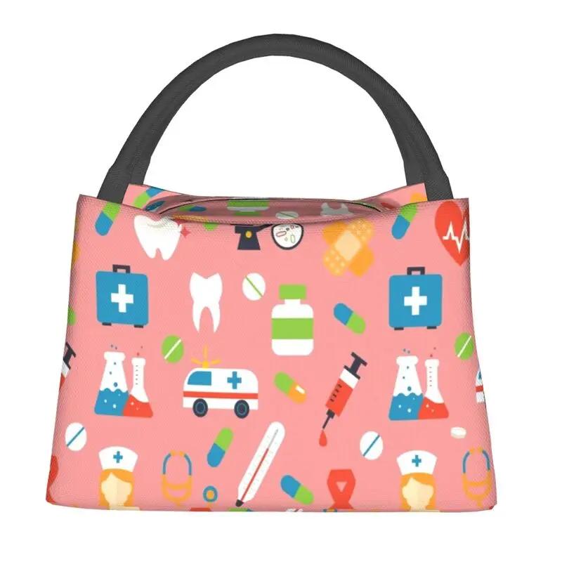 Nurse Nursing Tool Pattern Insulated Lunch Bag for Work Office Resuable Thermal Cooler Bento Box Women