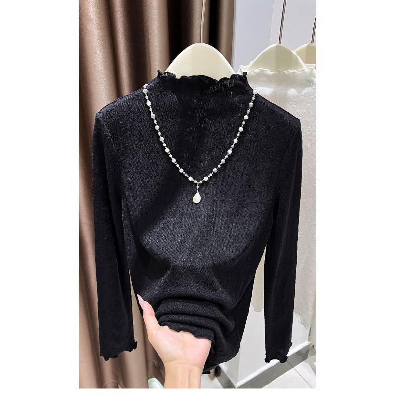 Elegant and Exquisite Jacquard Lace Bottoming Shirt for Women Elegant Suspender Skirt and Half Turtleneck Top with Earrings