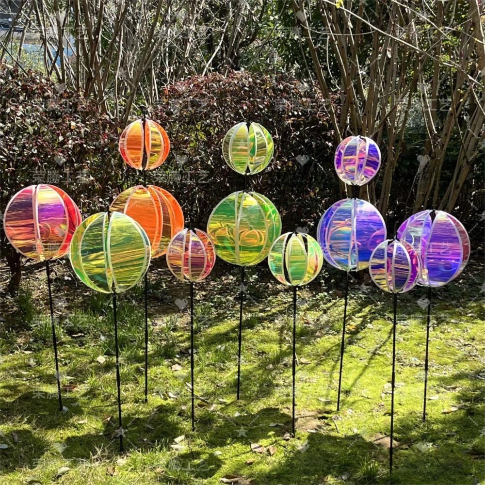 Sparkling Stripe Reflective Garden Pinwheels Rainbow Color Colorful Film Bird Repellents Rotating Ball With Stakes