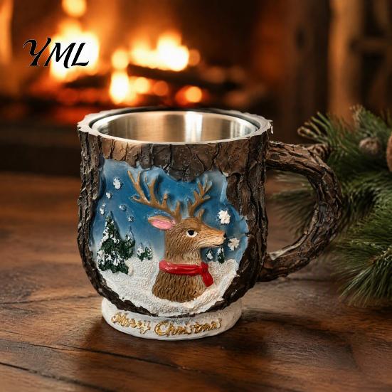 Christmas Mug Decorations Theme with Stainless Steel Liner, 3D Relief Hand Seasonal Housewarming Gifts Painted Resin Coffee Cup, Decorative Drinkware