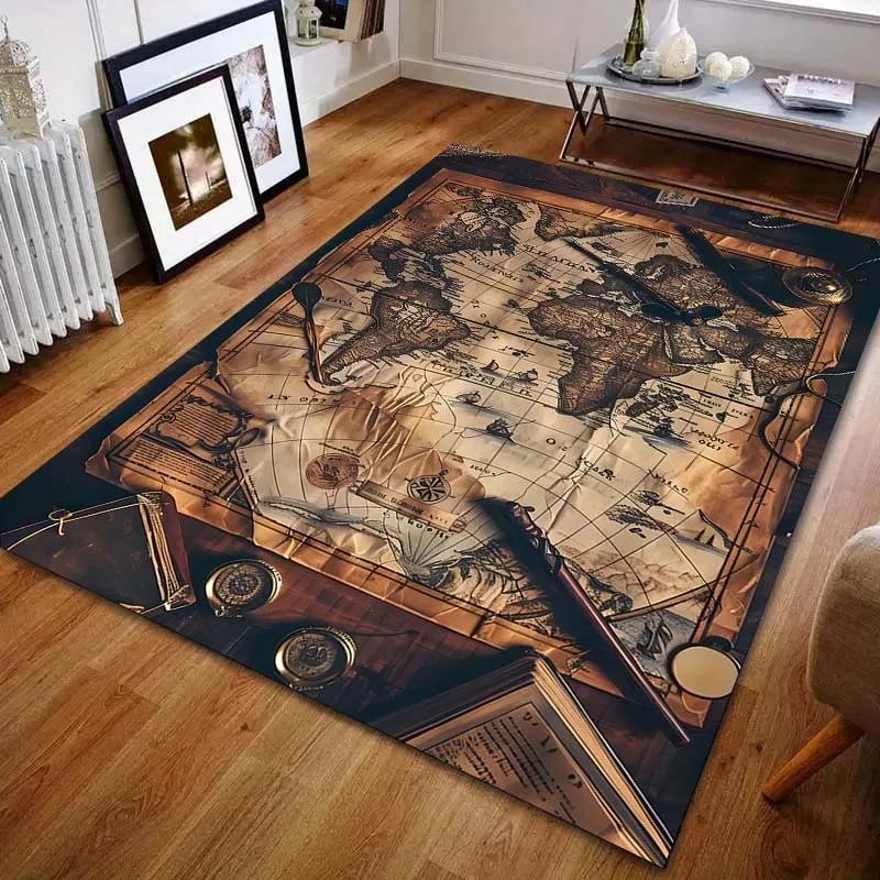 3D HD Vintage Nautical World Map Print Carpet Non-Slip Soft Rug Indoor Floor Mat Decorative Washable Rug for Teens Adult Gifts