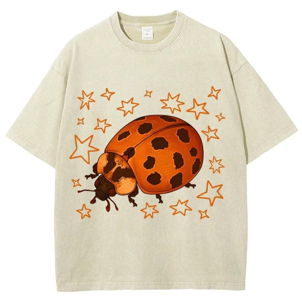 Retro Cotton Y2k T-shirts Comfortable Loose Top T-shirt Men s Ladybug Camisetas Streetwear Fashion Vintage Tees S разноцветный
