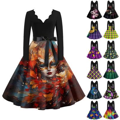 Women's Casual Fashion V Neck Long Sleeve  Printed Vintage Long  Dress