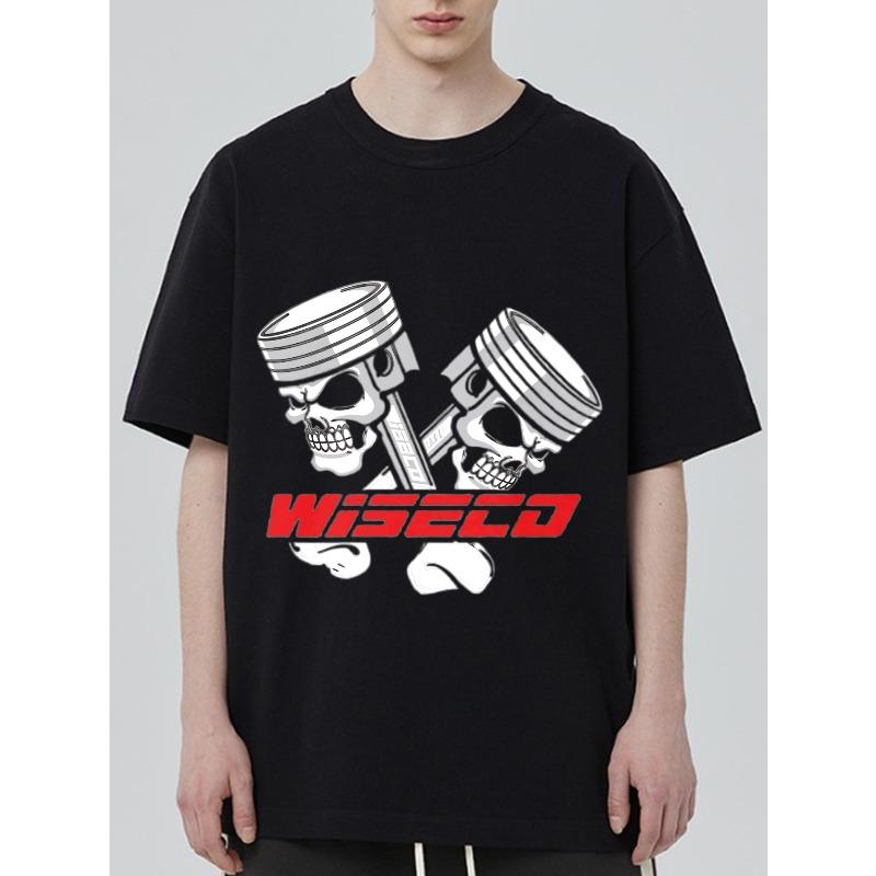 Men's Oversized T-Shirt Black WISECO Piston Skull Graphic Print Streetwear Casual Wear