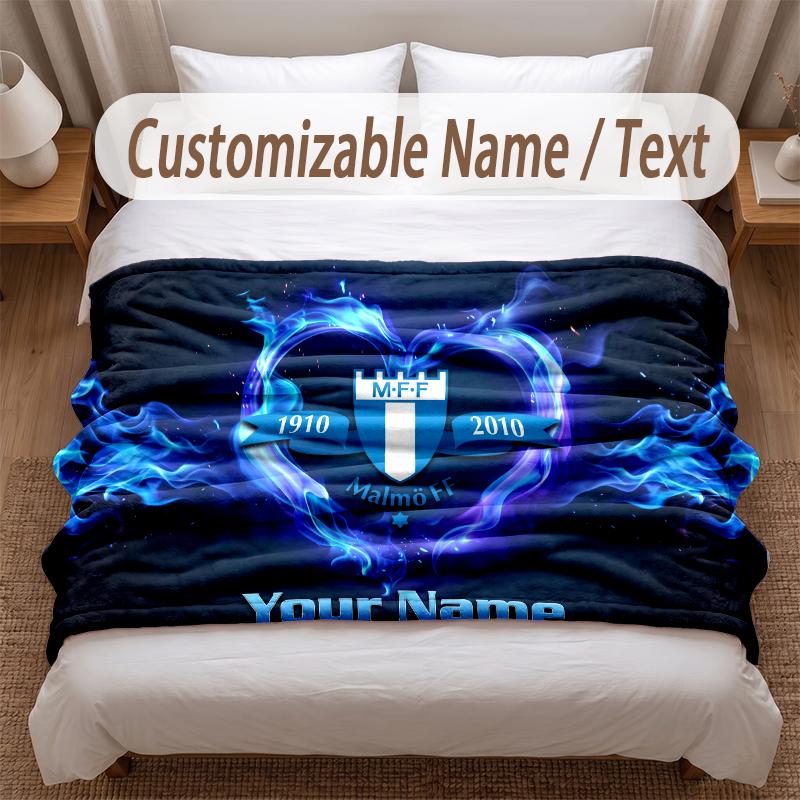 Malmö FF Printed Flannel Blanket Custom Name Text Soft Warm Throw For Bedroom Holiday Gift