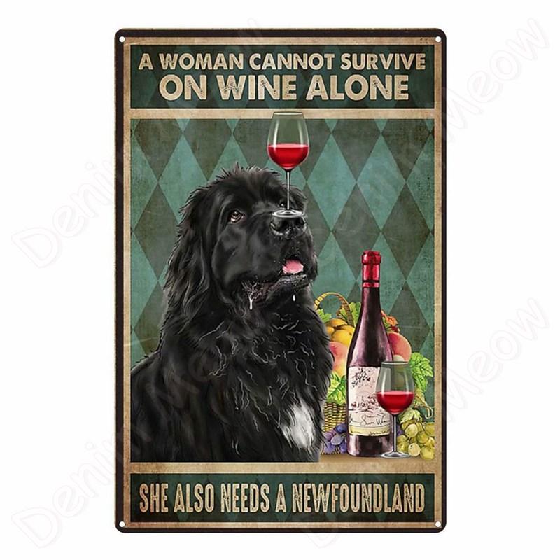 Vintage Bulldog Tin Sign for Home Wall Decor, A Woman Cannot Survive On Wine Alone, Funny Cat, Dog Metal Sign, Bar Decor