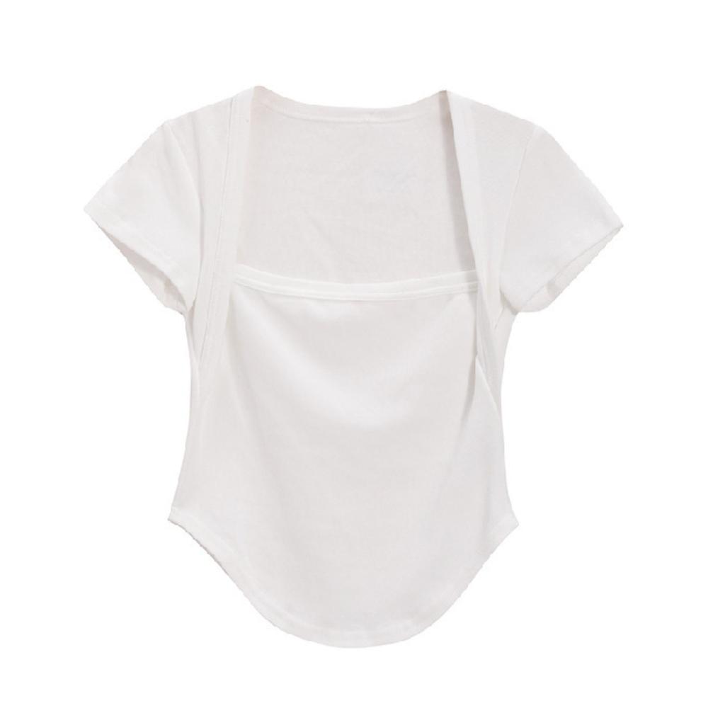 Women's Square Neck Short Sleeve T-Shirts Slim Fit Solid Casual Basic Tees Summer Trendy Tops