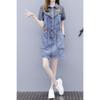 Waist Thin Large Size A-shaped Skirt Medium Long Thin Denim Casual Dress Women Lapel Black White Plaid Splice Drawstring Waist Loose