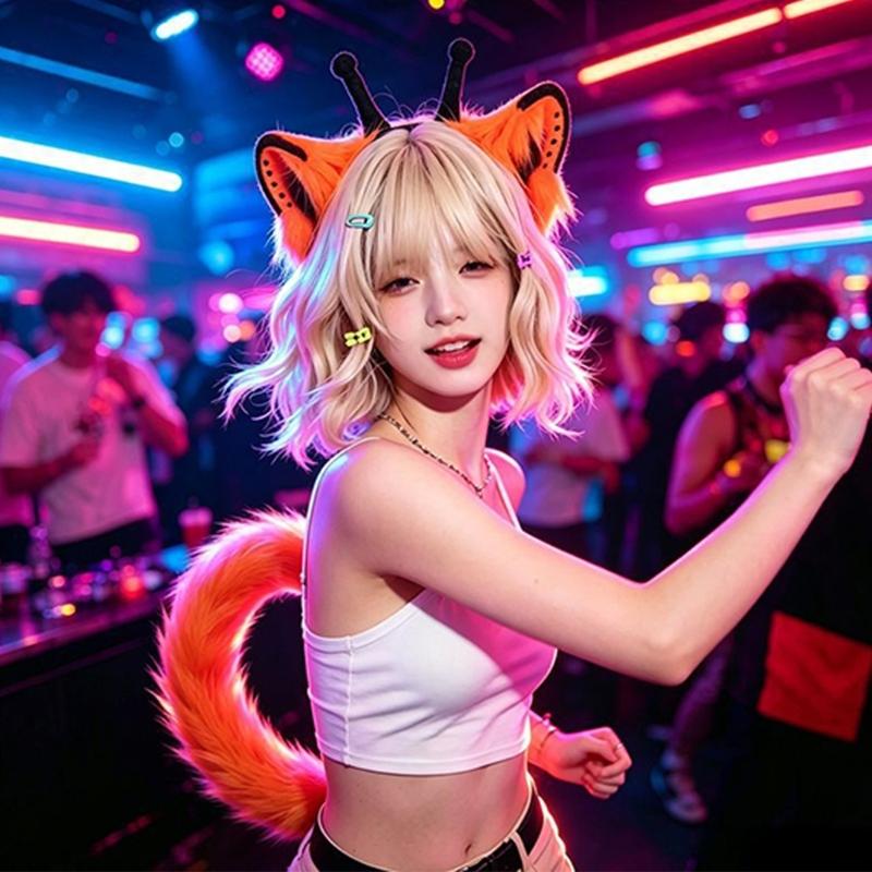 Furry Faux Furs Cats Ears Headbands Foxes Tail Animal Cosplay Costume Plush Alien Creature Costume Accessory for Roleplay Looks, Cosplay Gatherings,