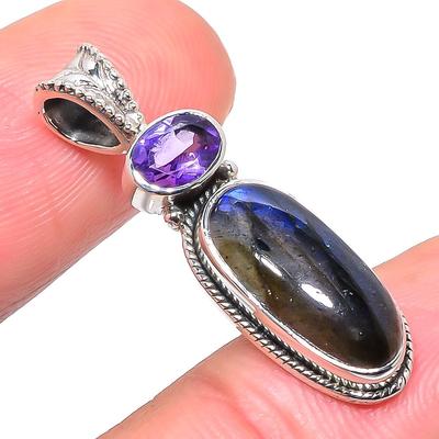 Natural Labradorite,Amethyst 925 Solid Sterling Silver Gift Pendant 1.30" K9K65