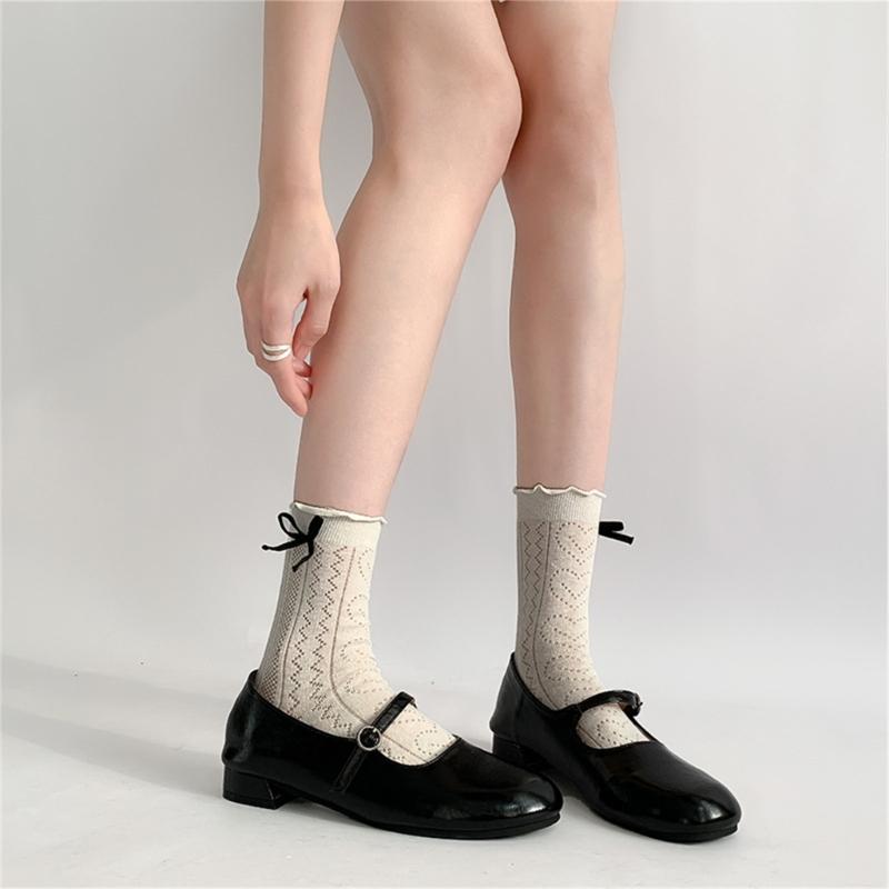 Women's Japanese Sweet Bowknot Accent Crew Socks Elegant Students Hollowout Heart Pattern Ruffle Top Middle Calf Socks