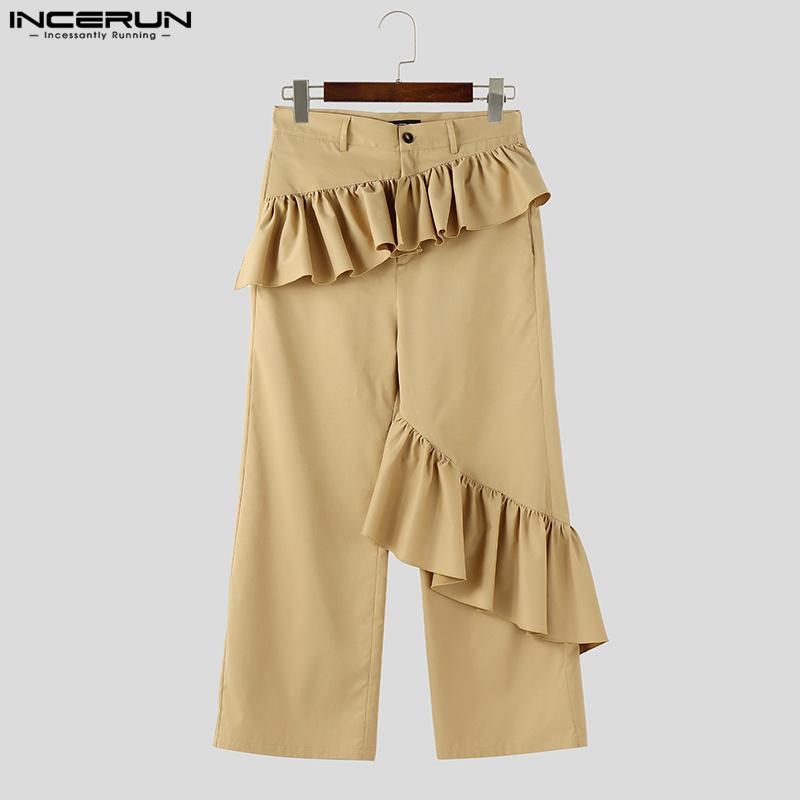 INCERUN Pánské kalhoty se zipem v pase, s volánovými vrstvami, ležérní, dlouhé, rovné kalhoty
