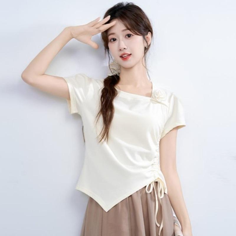 

Women s Solid Color T-shirt Irregular Slanted Collar 3D Flower Design Drawstring Famale T-shirts Summer Fashionable Daily Ladies Top XL білий