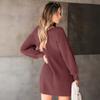 V-neck Puffed-sleeve Solid-color Knitted Sweater Dress for A Casual Date In Autumn and Winter