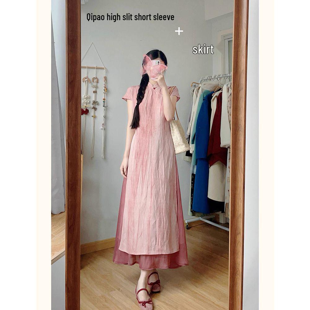 Women's Summer Pink Qipao Dress & Wide-Leg Pants Two-Piece Set