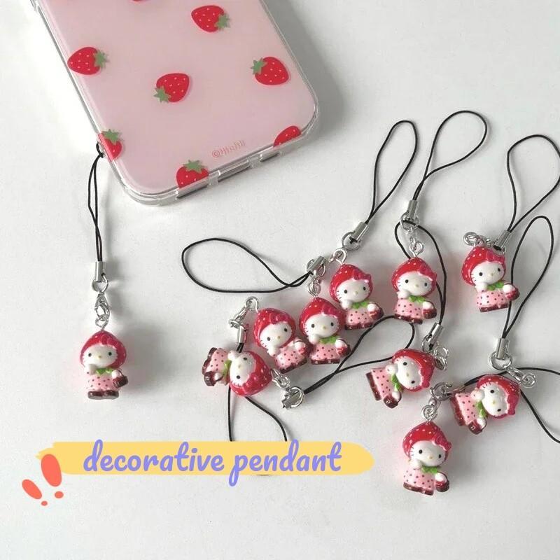 Sanrio Strawberry Hello Kitty Mobile Phone Pendant Cute Funny DIY Backpack Pendant Keychains Decoration Friend Birthday Gift