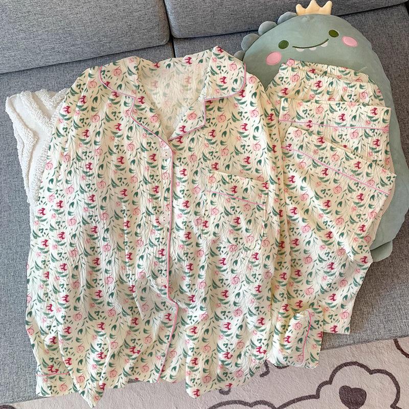 High-Quality Sweet Flower Lapel Cardigan Pajamas Women'S Spring Long-Sleeved Trousers Loungewear Set Can Be Worn Outside