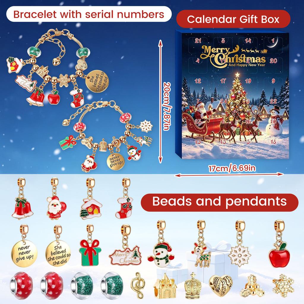 Days Christmas Advent Calendar for Women - Alloy Bracelet Jewelry Set with Surprises, Holiday Countdown Gift