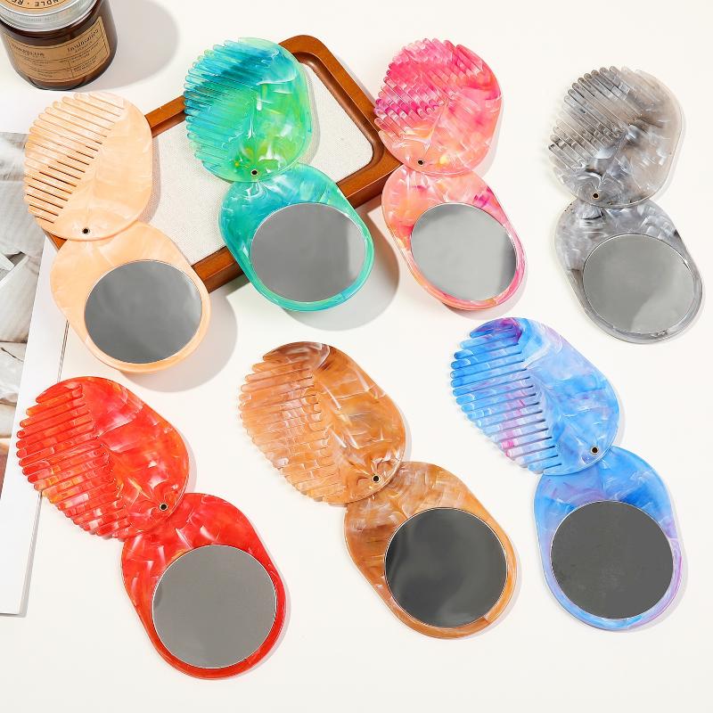 Marble Print Hair Comb Portable With Mirror Foldable Travel Makeup Mirror Acrylic Comb 2 In 1 For Women Hair Accessories