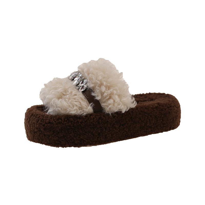 Lamb wool slippers women's autumn and winter 2025 new muffin thick bottom outer wear one-word cotton drag women's outer wear