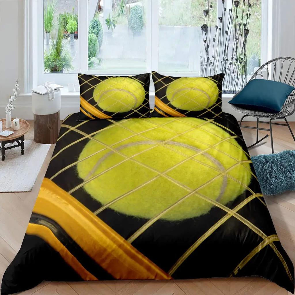 Tennis Court Print Duvet Cover Set,Boys Sports Games Themed Comforter Cover,Yellow Tennis Racket Sporting Equipment Bedding Set