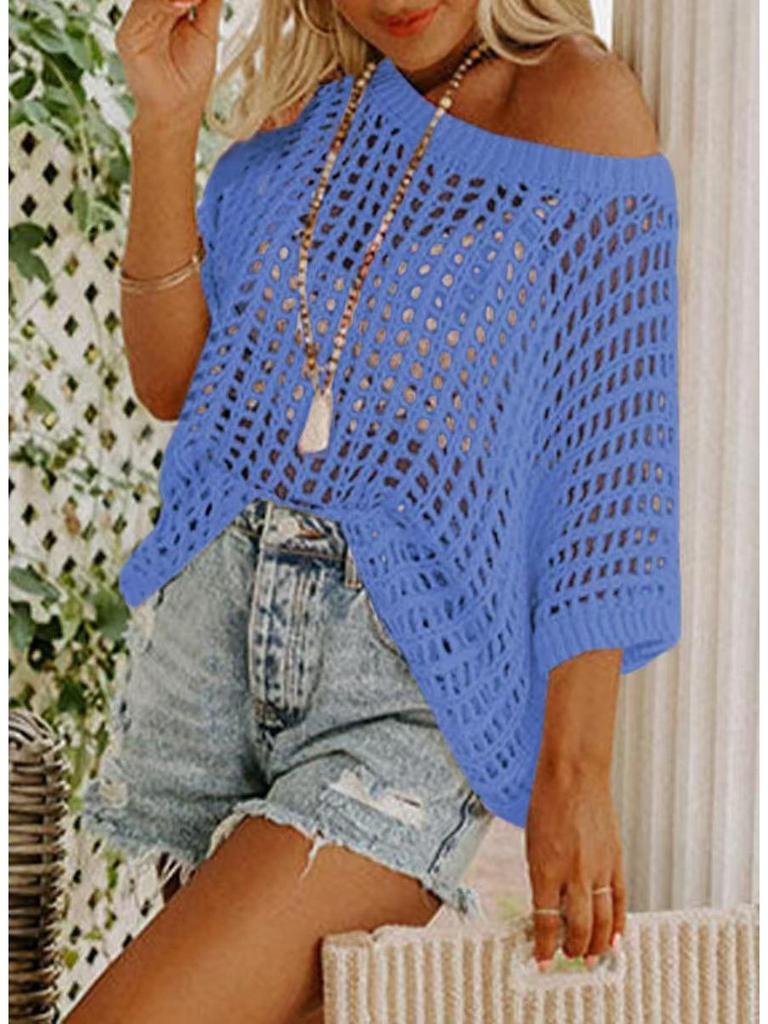 European & American 2026 Summer Mesh Hollowed-Out Five-Sleeve Beach Cover-up Sunscreen.