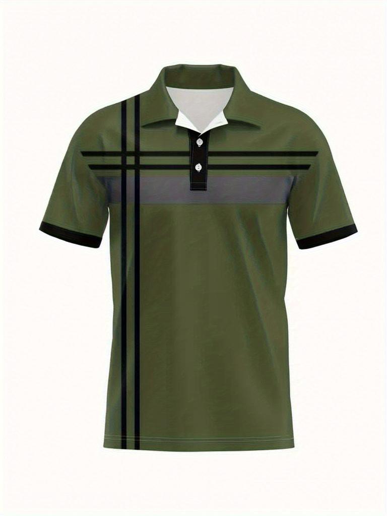 [Print Design - Not Textured] Men'S Striped Print Contrast Patchwork Polo Shirt, Men'S Polo Shirt, Casual Short Sleeve Button-Up Collar Shirt, Summer