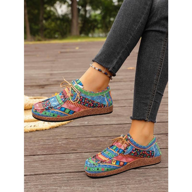 Printed Ethnic Style Lace-up Casual Shoes 2025 Autumn New Plus-size Flat Low-top Shoes for Women