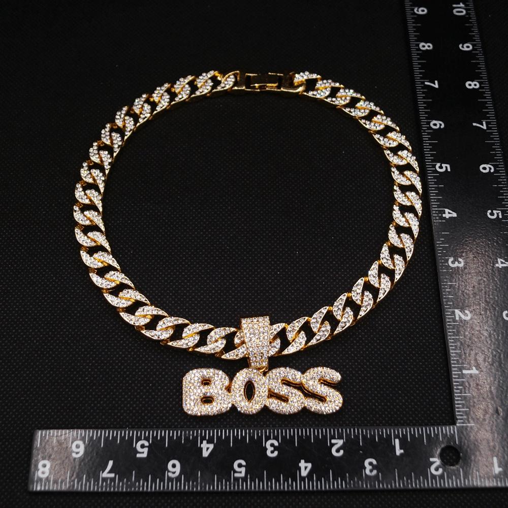 Zhuerrui Hop Bling BOSS Letter Pendant Necklace Full Iced Out CZ Diamond Cuban Link Chain for Men Rapper Jewelry Gift B2400310