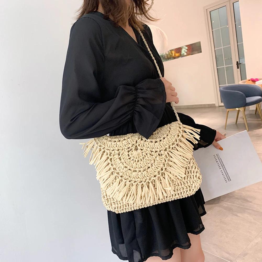 Straw Weaving Clutch Bag Tassels Design Women Square Wallet Retro Rattan Weave Crossbody Bags Summer Hand-Woven Flap Sling Purse