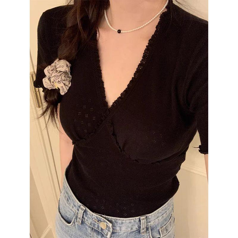 

Они Инс Нишевый Стиль V-образный вырез Пэчворк Вязание Короткий рукав Кружево Black One size