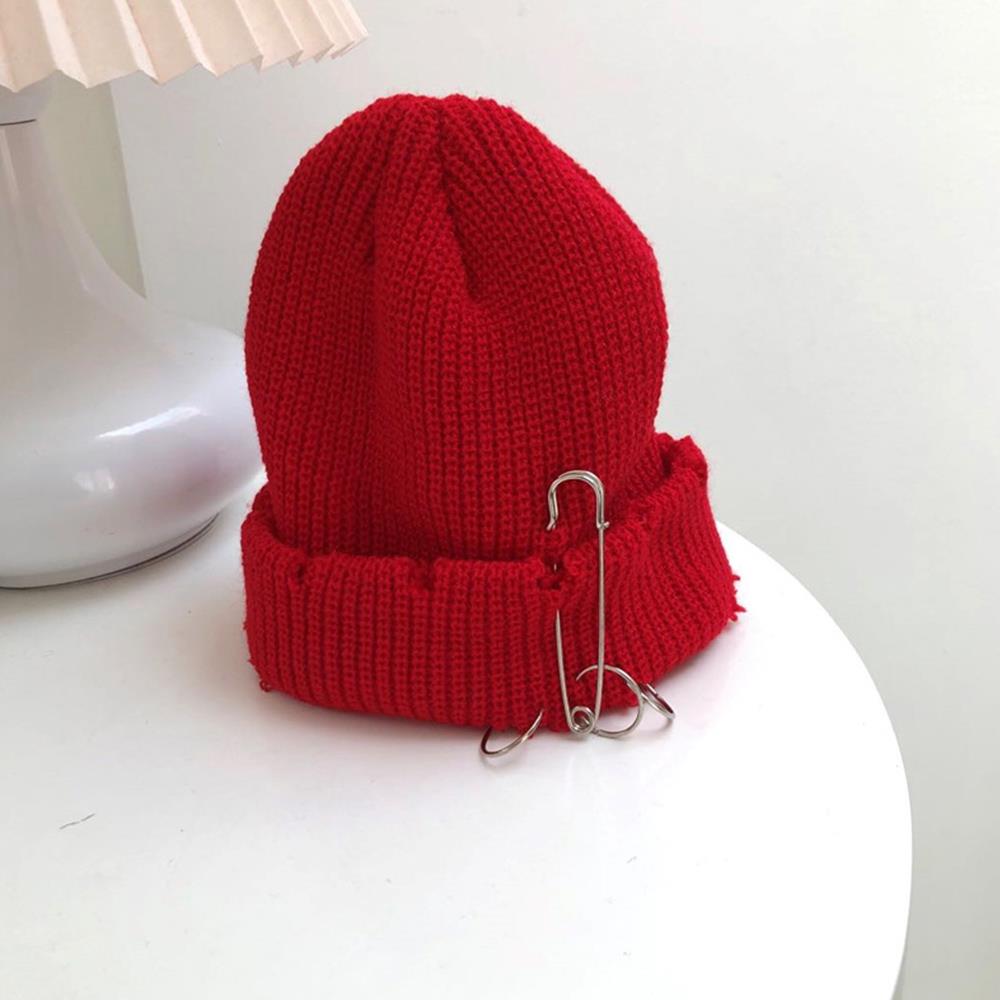 Unisex Warm Knitted Hats Hip Hop Beanies Cap Metal Pin Ring Brimless Hat Ripped Holes Edging Skullcap Hat Winter Caps