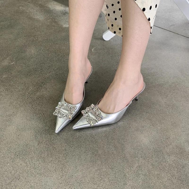 Fashion Eilyken CRYSTAL Buckle Slingbacks Women Pumps Slipper Street Style Gold Silver Pointed Toe Party Mules Female Shoes